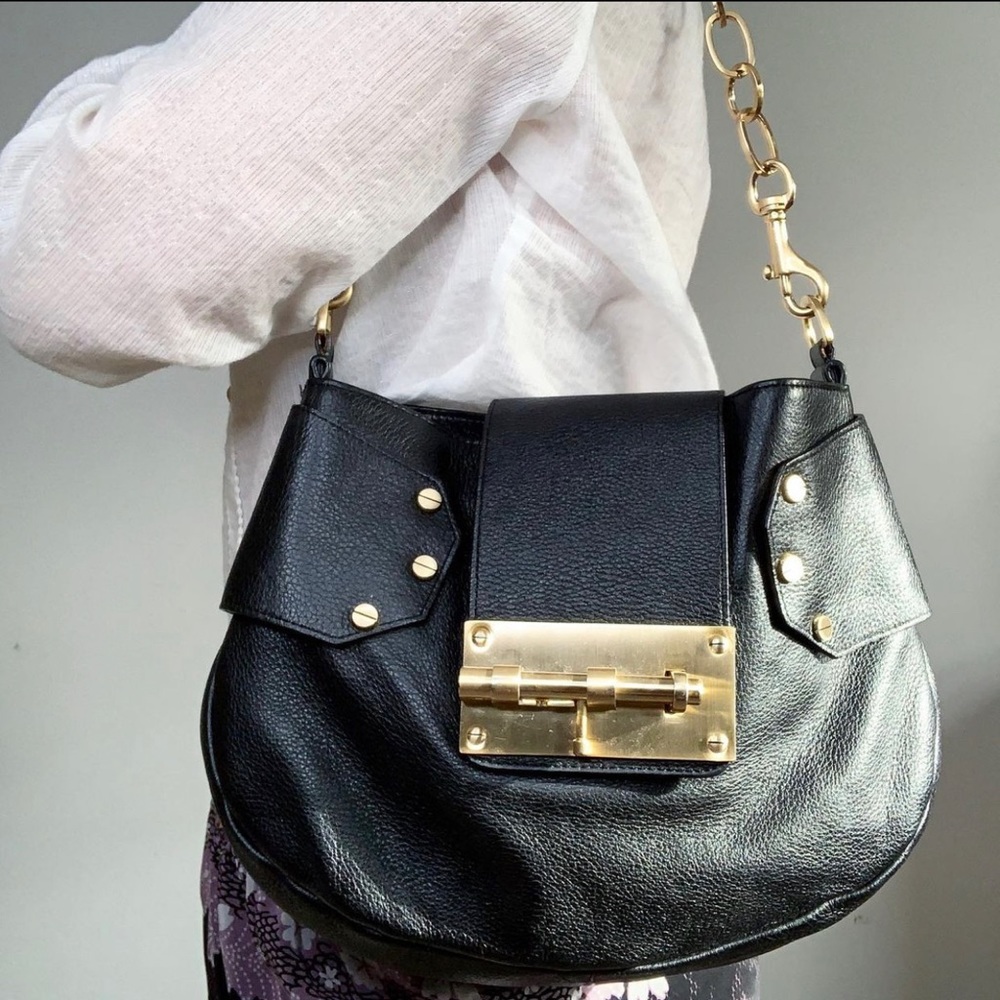 Alexis Hudson Black Leather Baguette Shoulder Bag With Gold Tone Padlock Flap